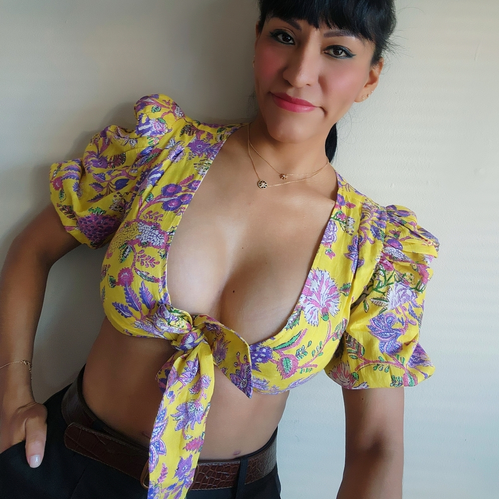 HEMANT & NANDITA Yellow and Purple Floral Crop Top
